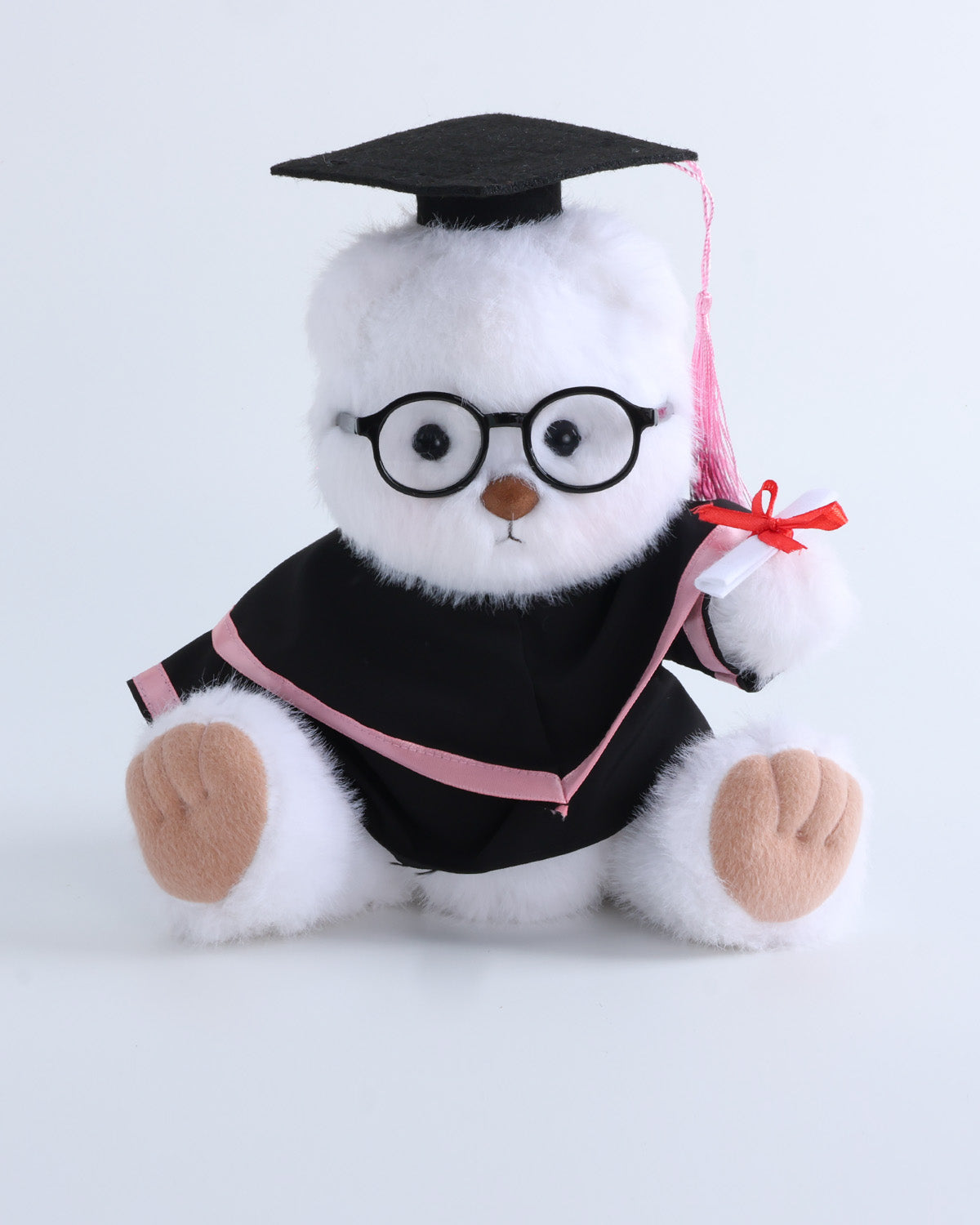 White Long Hair Bear & Pink Hood Graduation Gown Set of 4 - 12 Inches