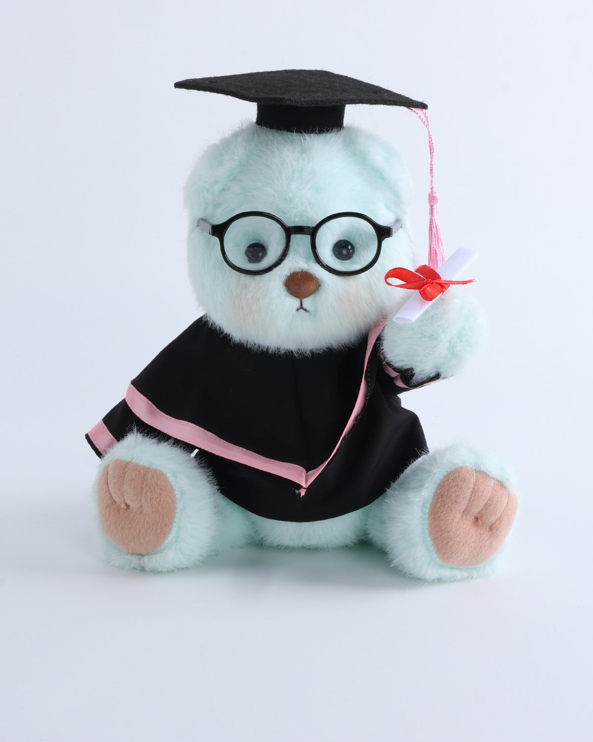 Mint Blue Long Hair Bear & Pink Hood Graduation Gown Set of 4 - 12 Inches