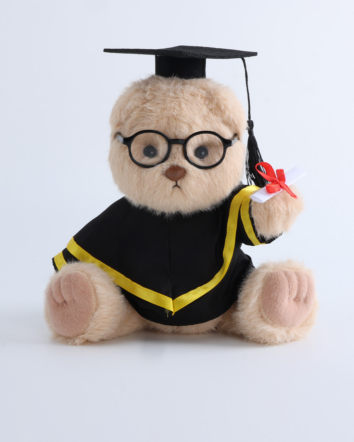 Milk Tea Long Hair Bear & Yellow Hood Graduation Gown Set of 4 - 12 Inches
