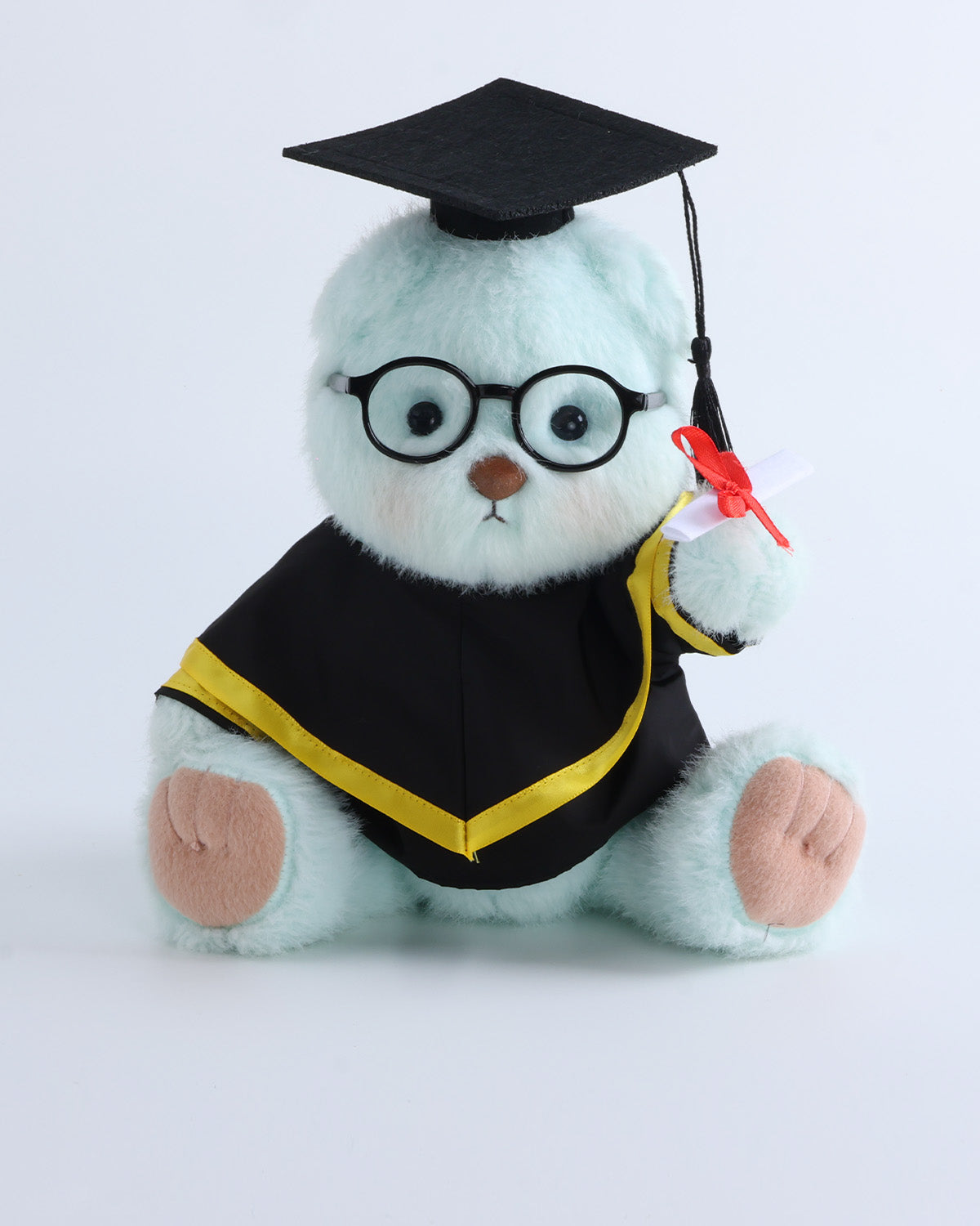 Mint Blue Long Hair Bear & Yellow Hood Graduation Gown Set of 4 - 12 Inches