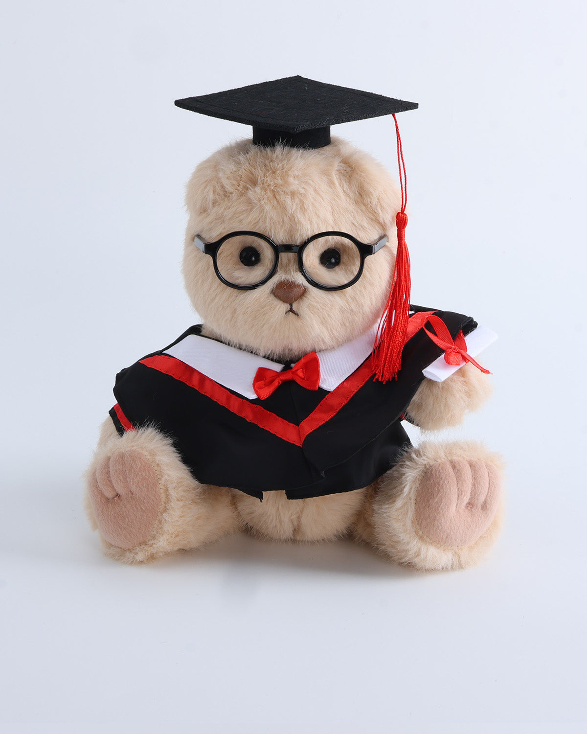 Milk Tea Long Hair Bear & Red Collar Bowtie Graduation Gown Set of 4 - 12 Inches