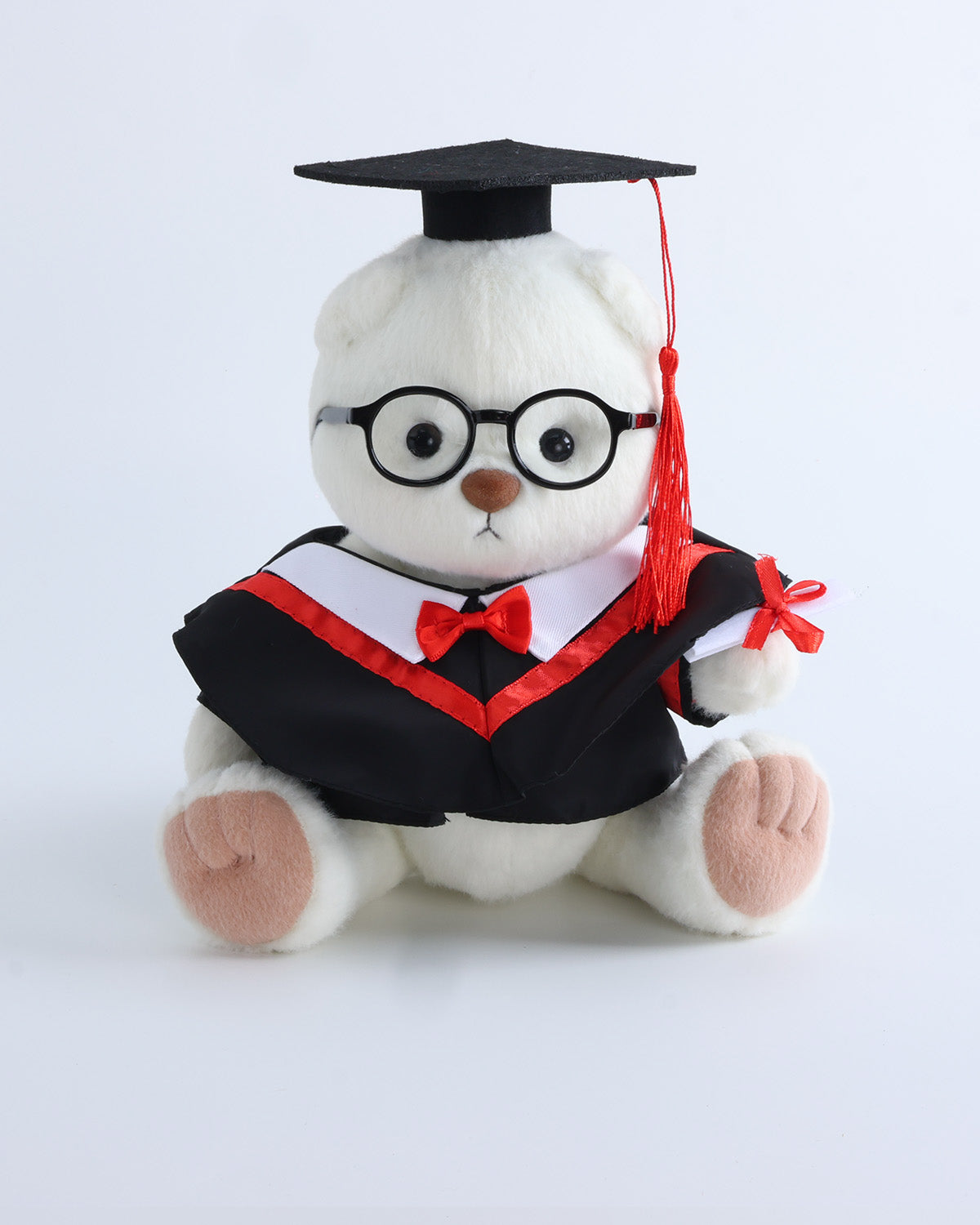 White Short Hair Bear & Red Collar Bowtie Graduation Gown Set of 4 - 12 Inches