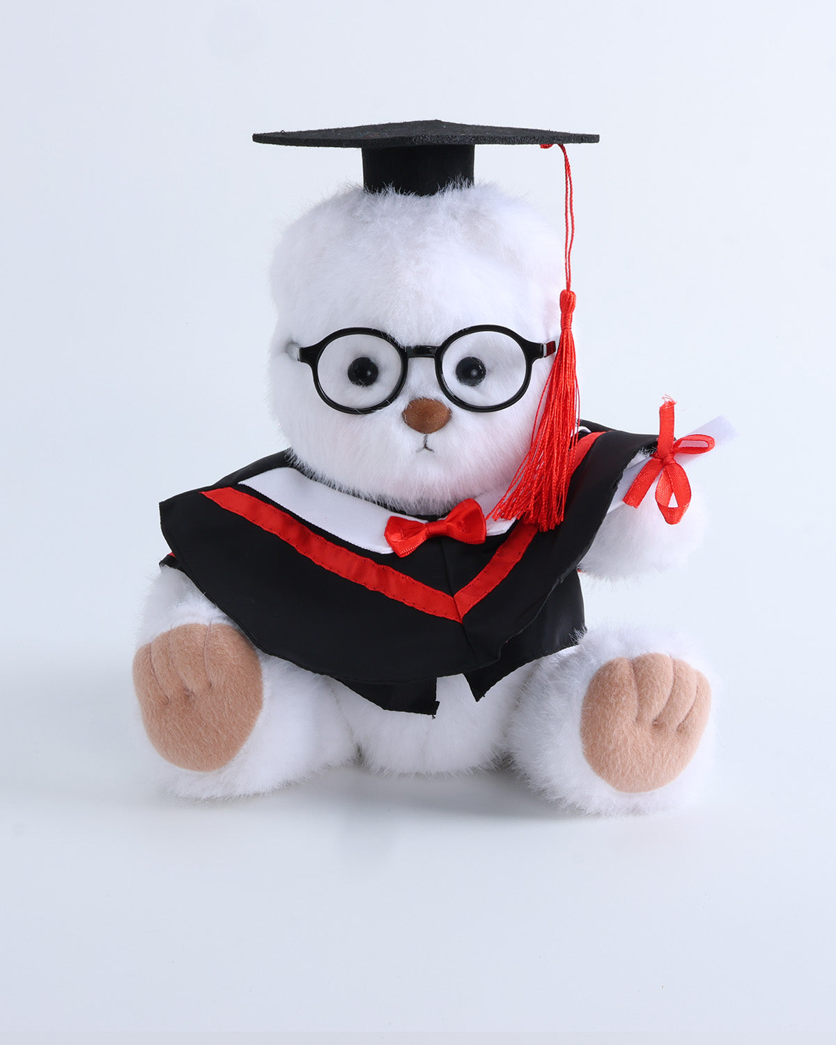 White Long Hair Bear & Red Collar Bowtie Graduation Gown Set of 4 - 12 Inches