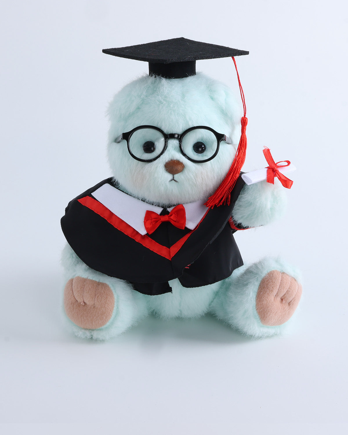 Mint Blue Long Hair Bear & Red Collar Bowtie Graduation Gown Set of 4 - 12 Inches