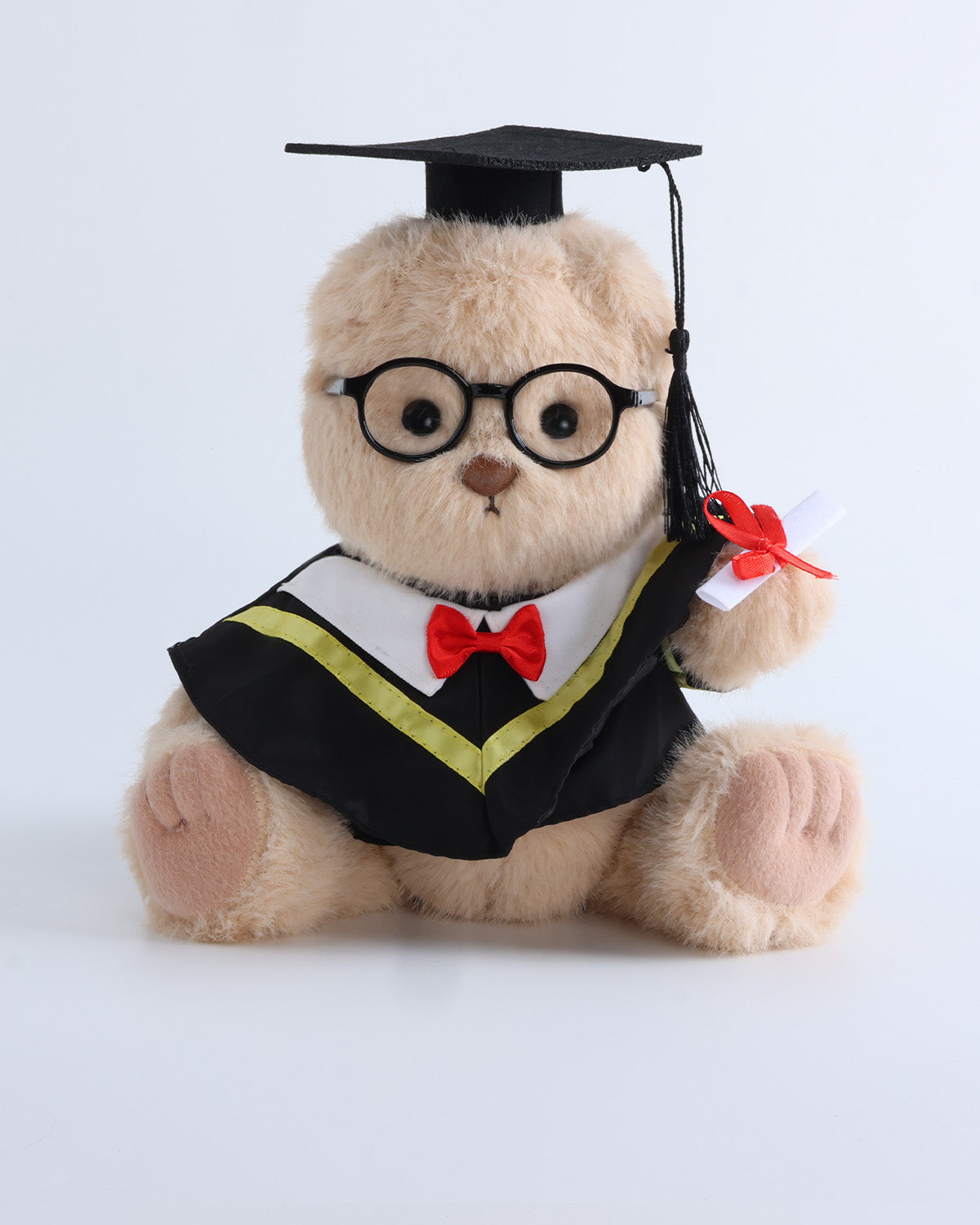 Milk Tea Long Hair Bear & Yellow Collar Bowtie Graduation Gown Set of 4 - 12 Inches