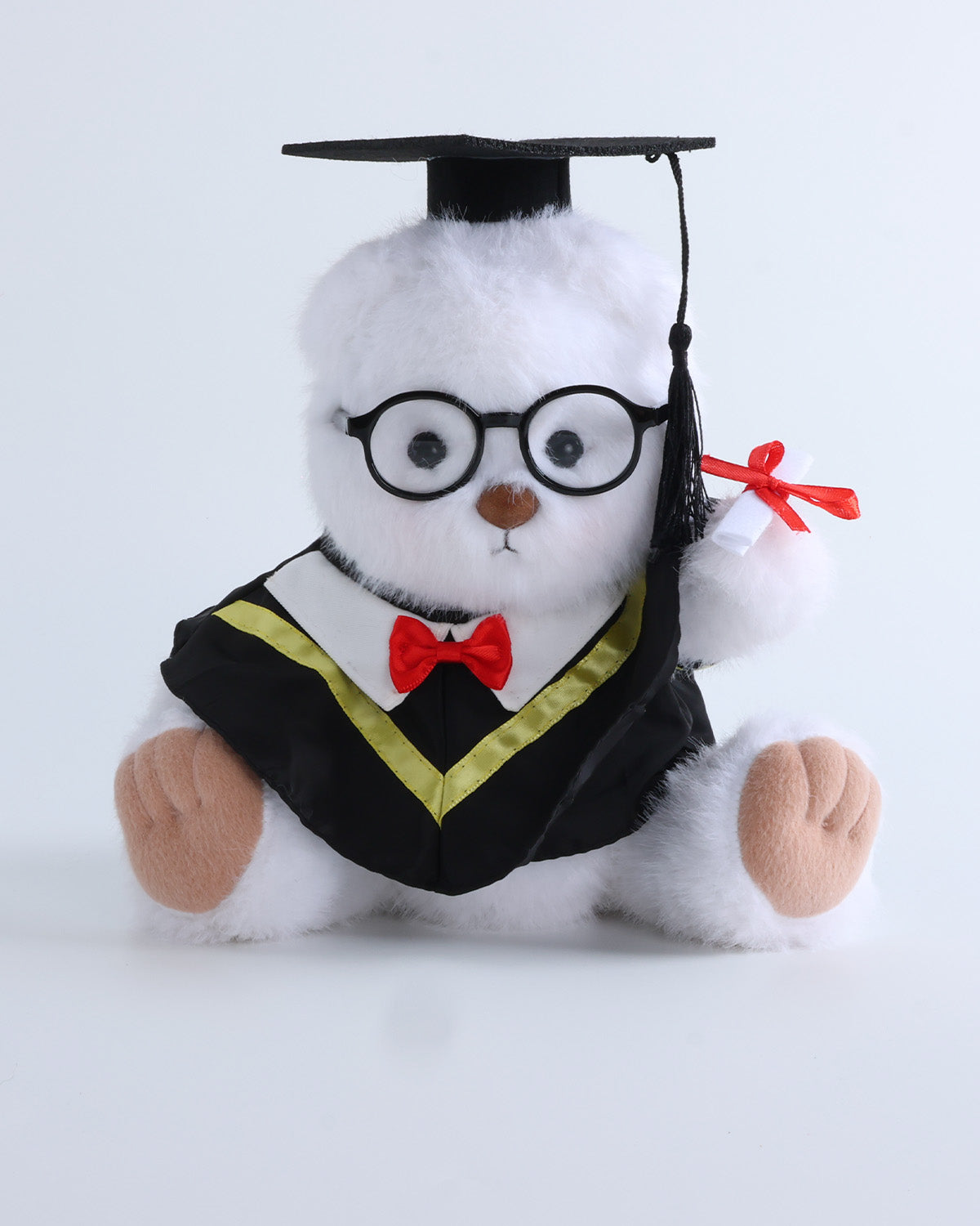 White Long Hair Bear & Yellow Collar Bowtie Graduation Gown Set of 4 - 12 Inches
