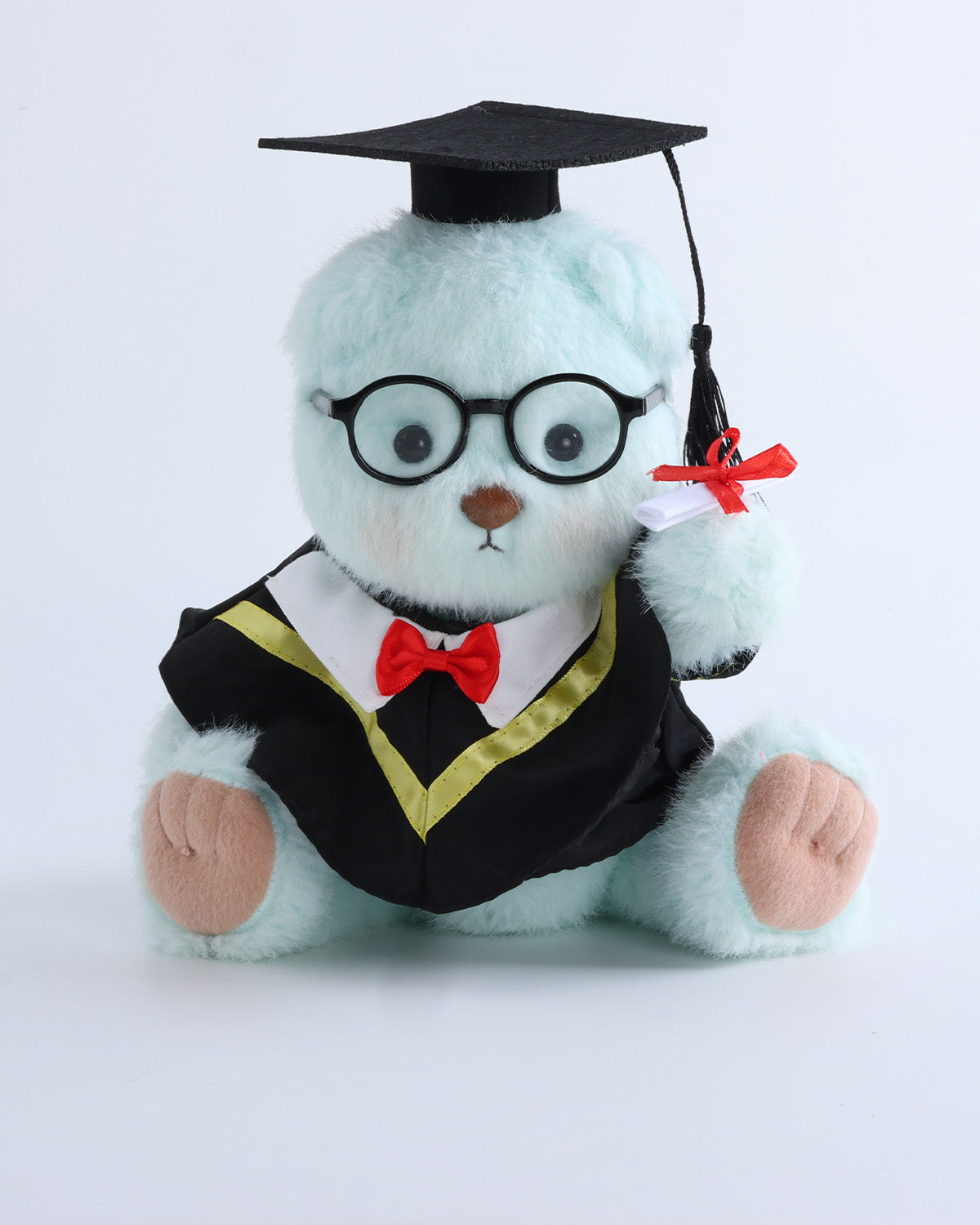 Mint Blue Long Hair Bear & Yellow Collar Bowtie Graduation Gown Set of 4 - 12 Inches