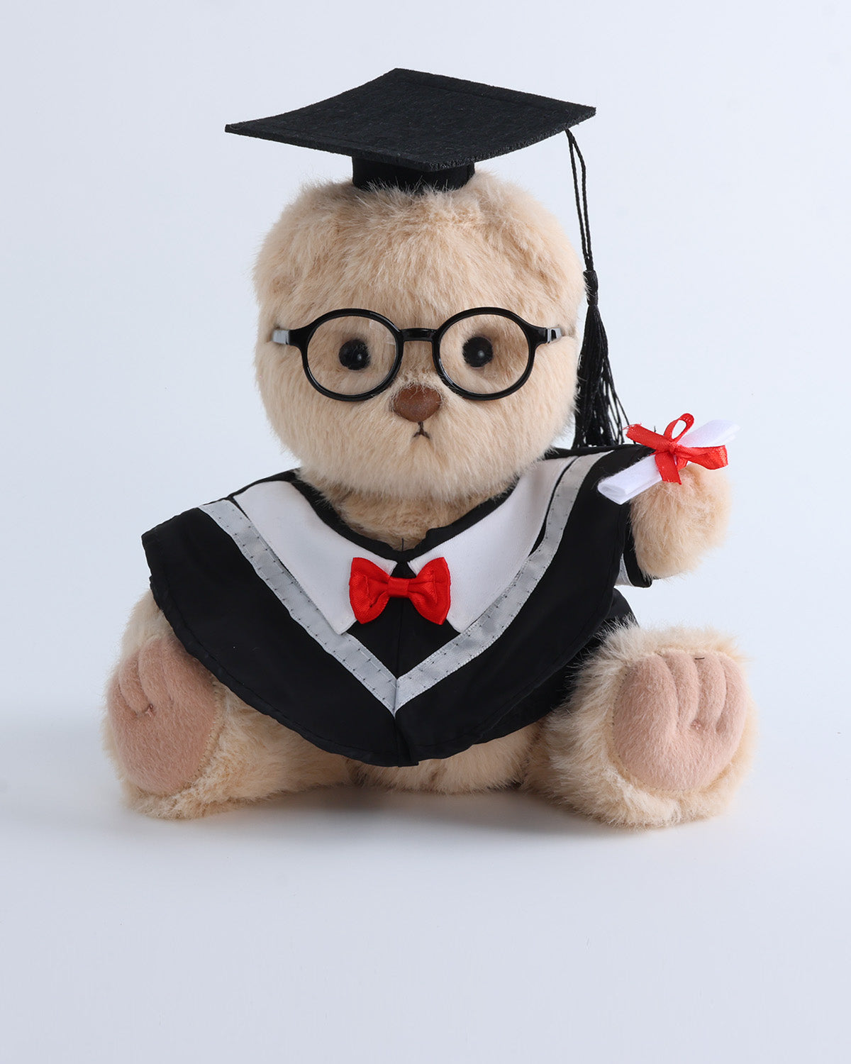 Milk Tea Long Hair Bear & White Collar Bowtie Graduation Gown Set of 4 - 12 Inches