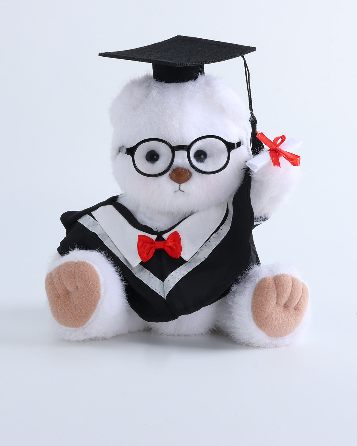 White Long Hair Bear & White Collar Bowtie Graduation Gown Set of 4 - 12 Inches