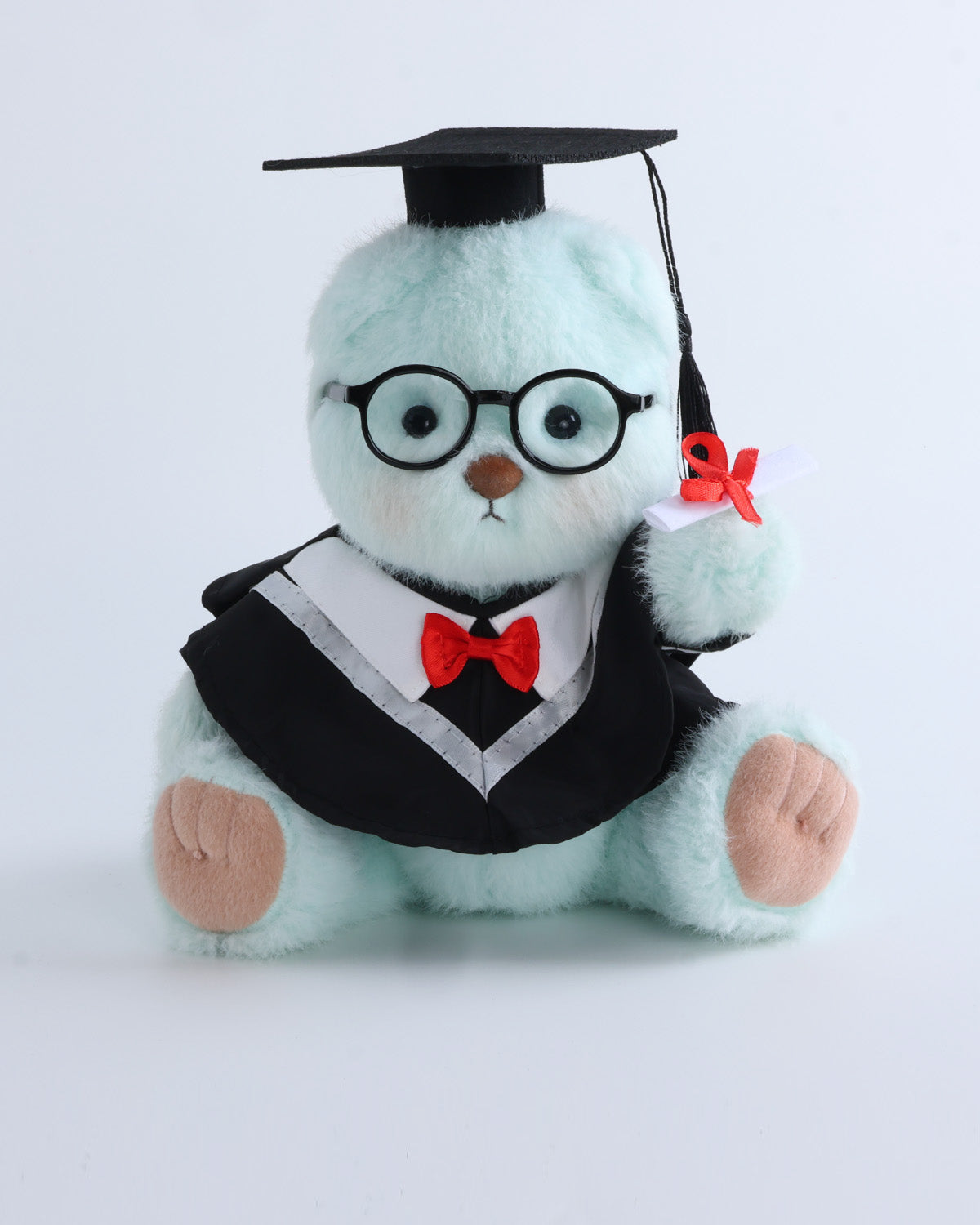 Mint Blue Long Hair Bear & White Collar Bowtie Graduation Gown Set of 4 - 12 Inches