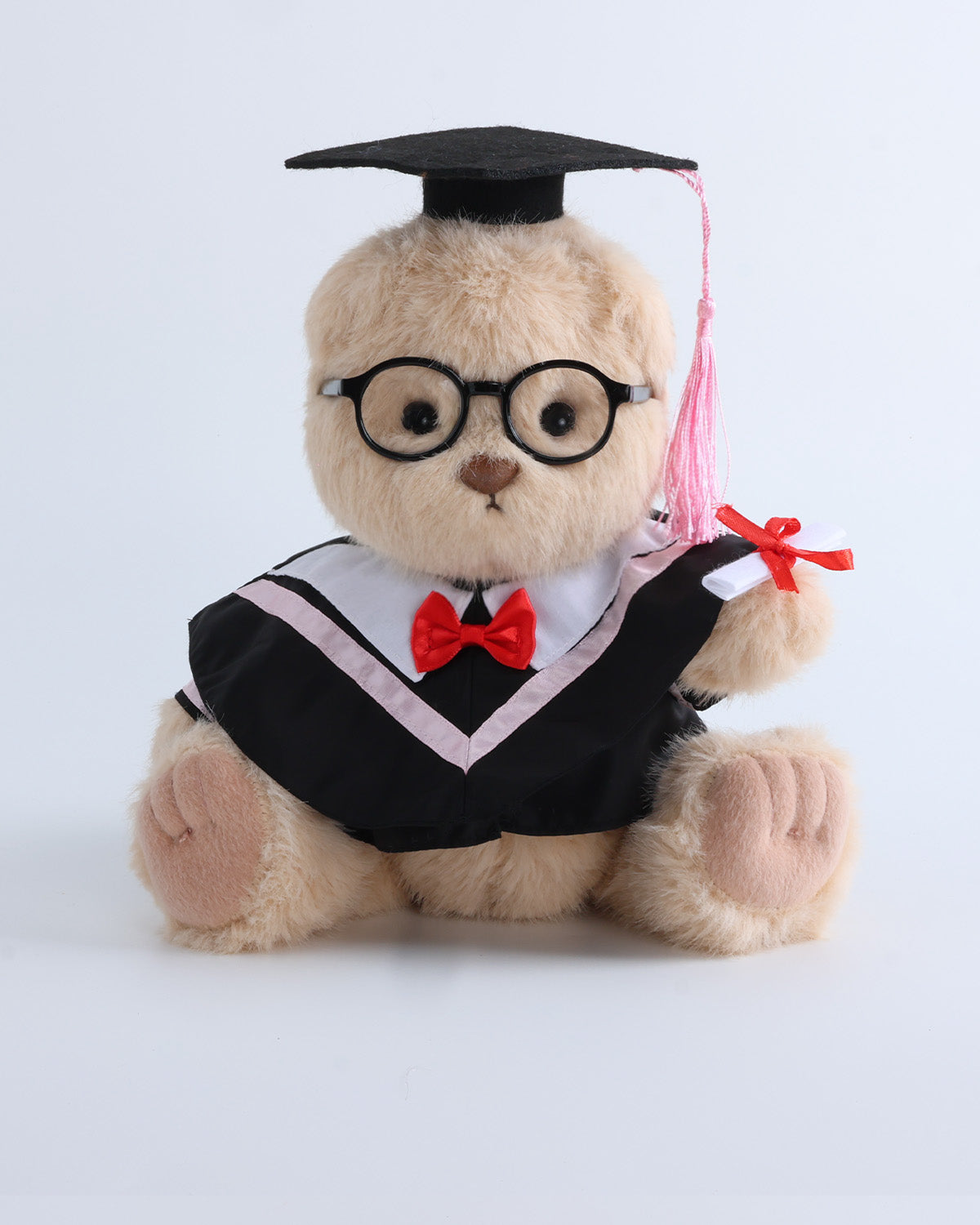 Milk Tea Long Hair Bear & Pink Collar Bowtie Graduation Gown Set of 4 - 12 Inches