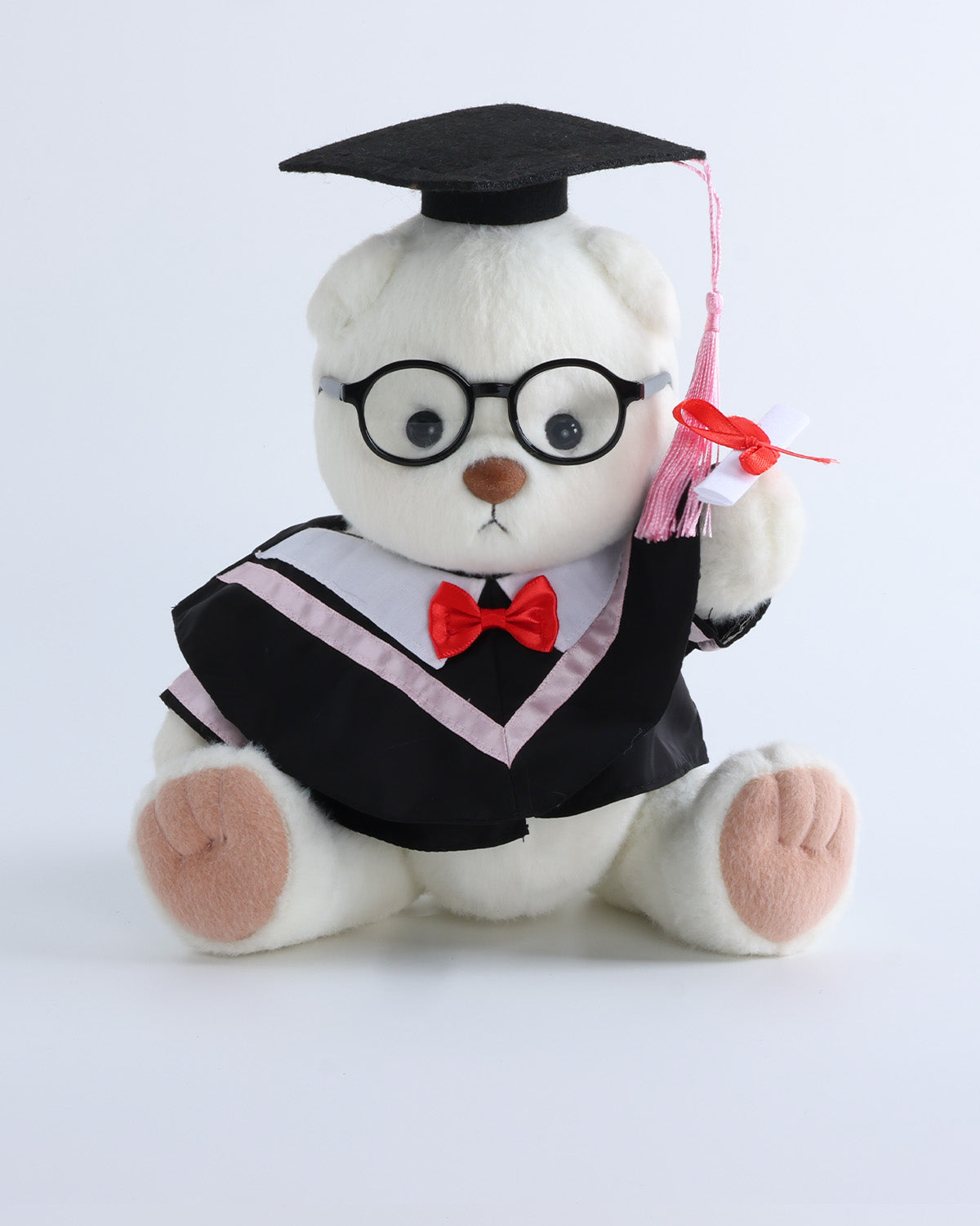 White Short Hair Bear & Pink Collar Bowtie Graduation Gown Set of 4 - 12 Inches