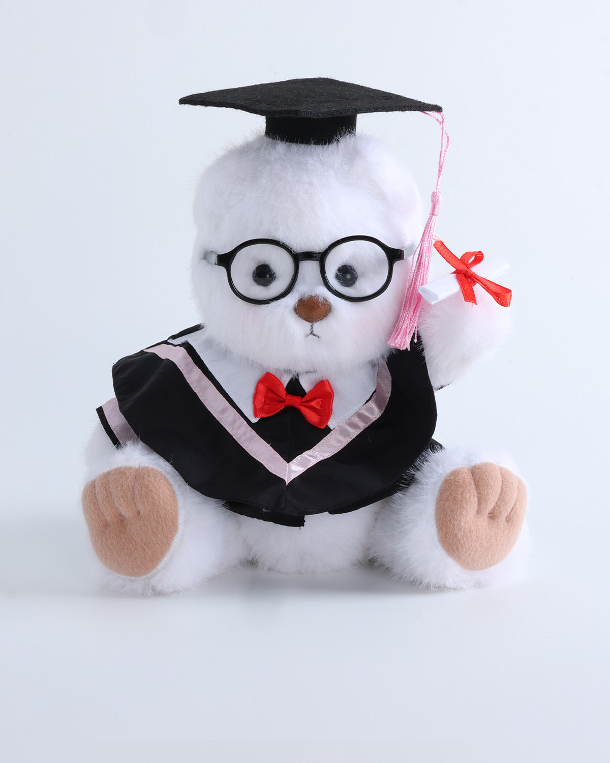 White Long Hair Bear & Pink Collar Bowtie Graduation Gown Set of 4 - 12 Inches