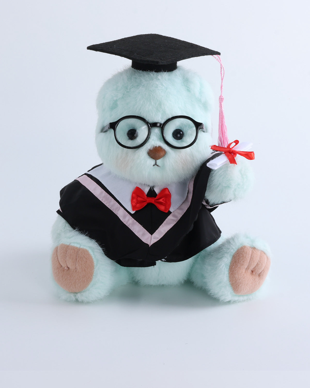 Mint Blue Long Hair Bear & Pink Collar Bowtie Graduation Gown Set of 4 - 12 Inches