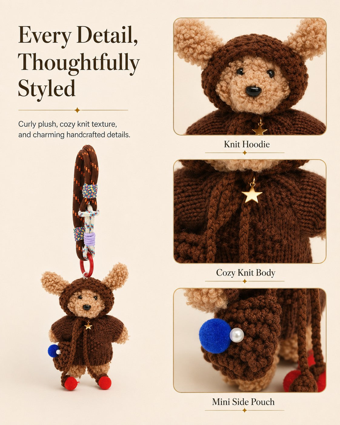 TeddyHuggy® Brown Knit Hoodie Bear Charm