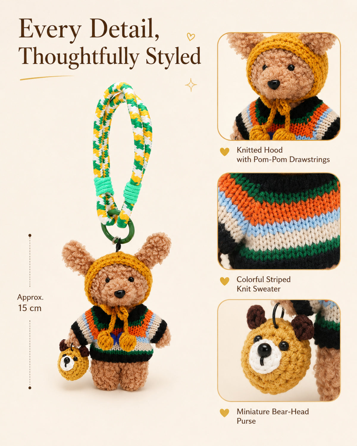 TeddyHuggy® Yellow Hat Stripe Sweater Bear Charm