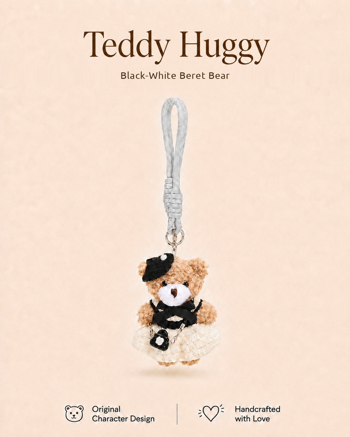 TeddyHuggy® Black-White Beret Bear Charm