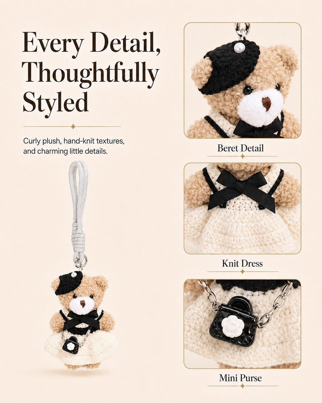 TeddyHuggy® Black-White Beret Bear Charm