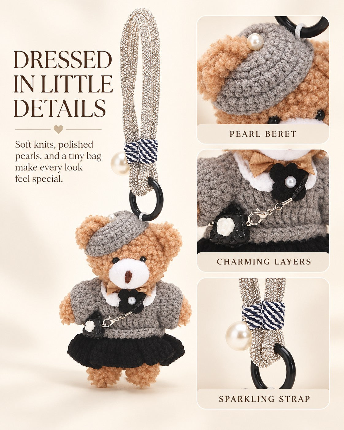 TeddyHuggy® Gray Beret Dress Bear Charm