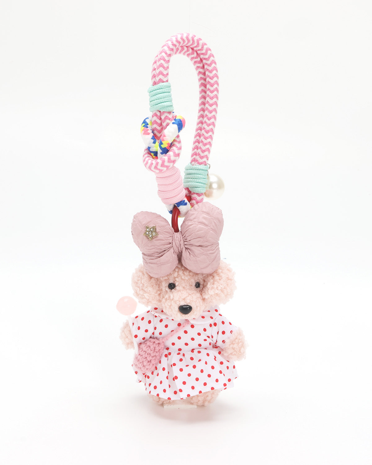 Pink puppy polka dot dress accessory keychain - 6 Inches