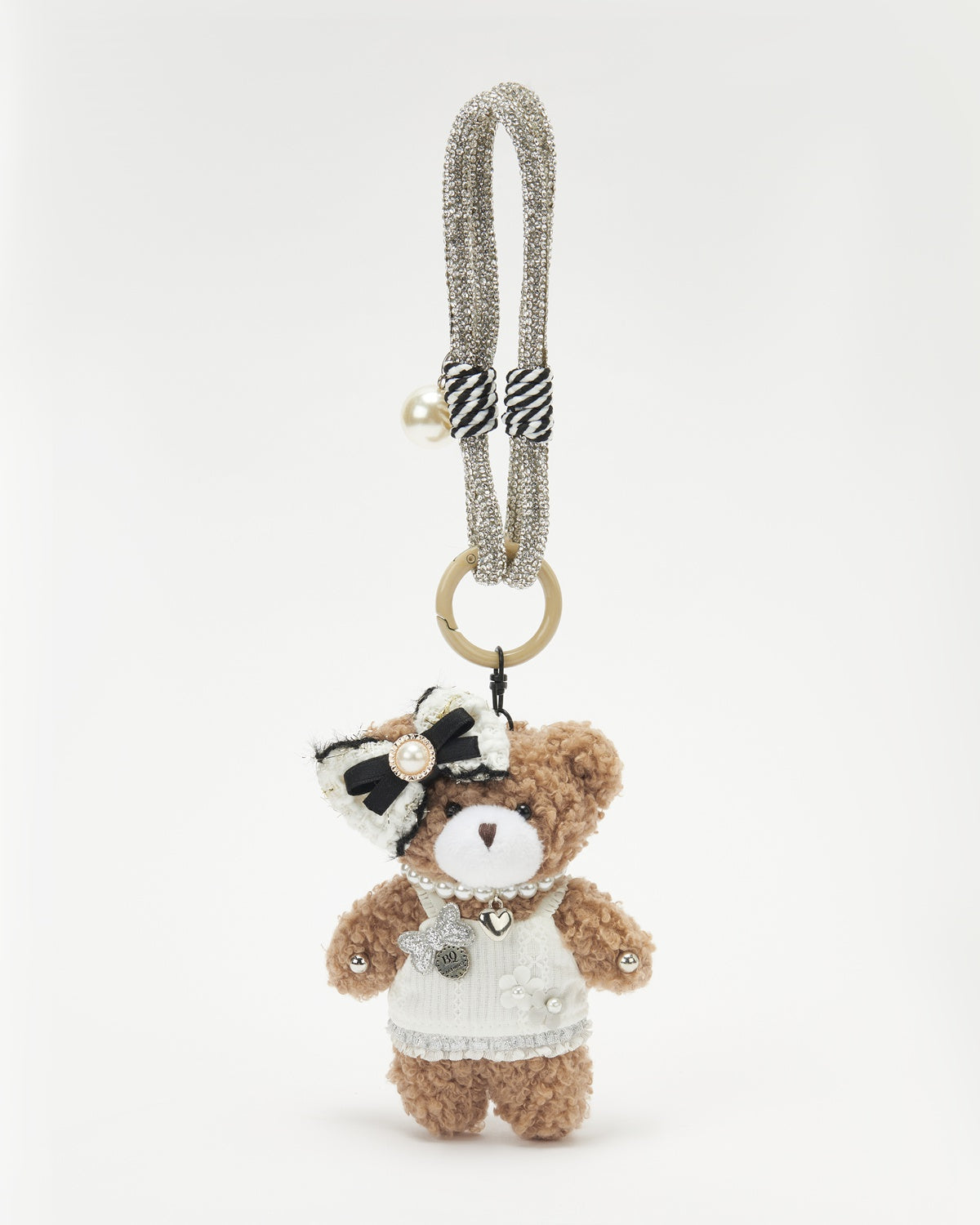 TeddyHuggy®Khaki Bear White Knitted Dress Pearl Necklace Bow Keychain Charm