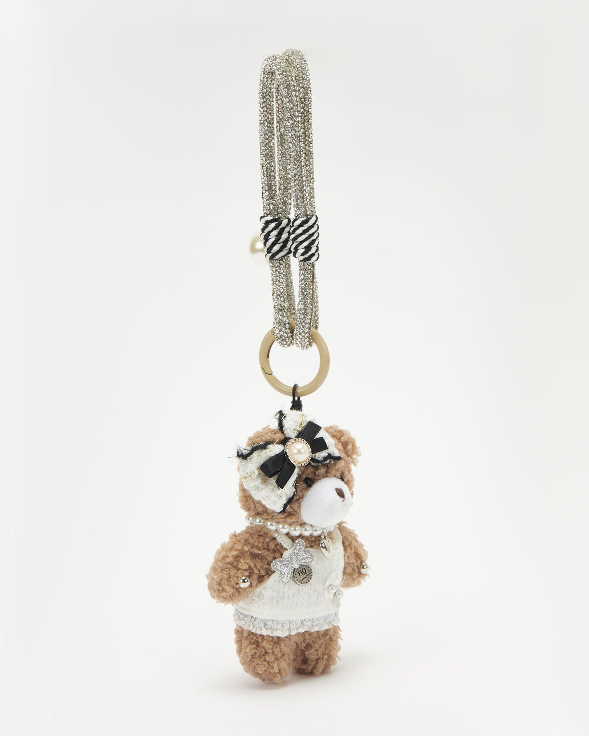 TeddyHuggy®Khaki Bear White Knitted Dress Pearl Necklace Bow Keychain Charm