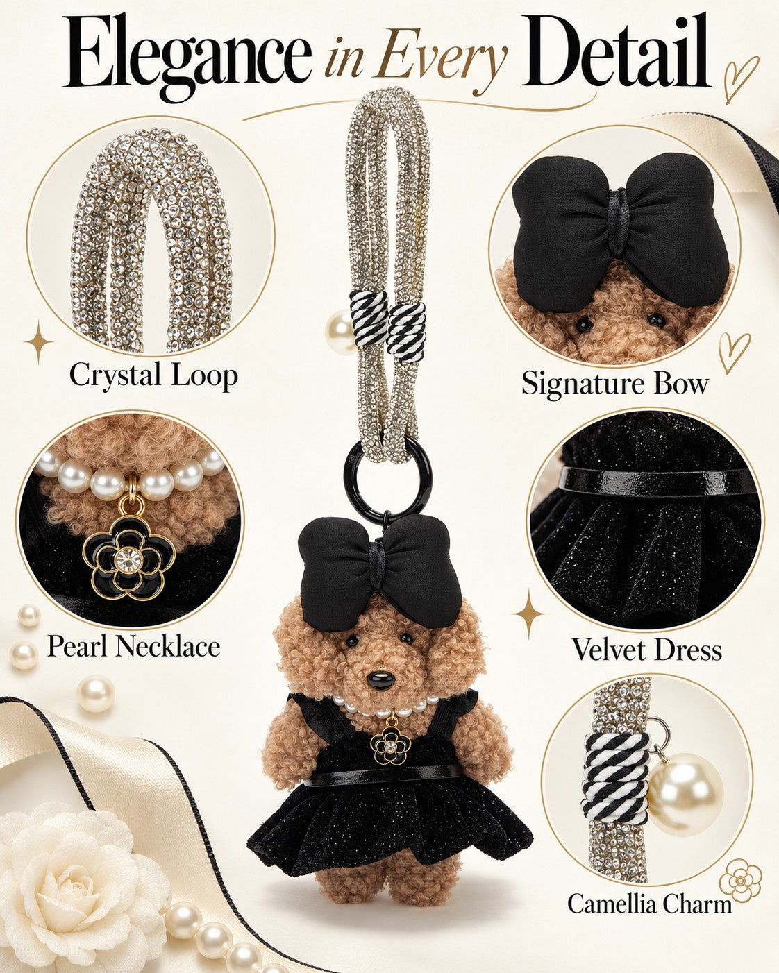 TeddyHuggy® Black Pearl Dress Bear Charm