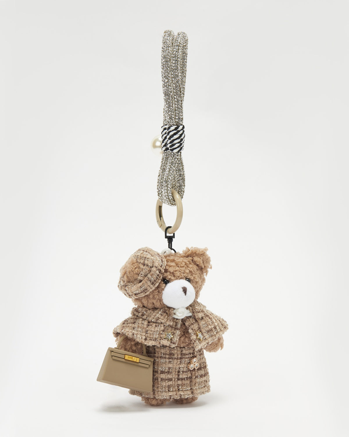TeddyHuggy®Khaki Bear Milk-Tea Plaid Beret Shawl Dress Keychain Charm