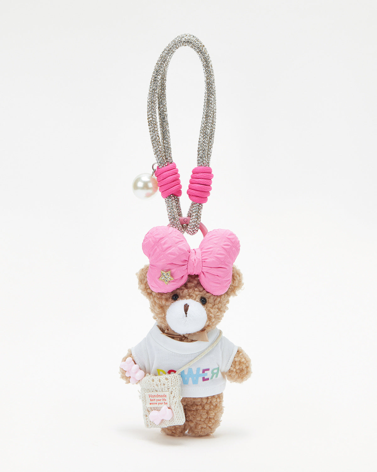 TeddyHuggy®Khaki Bear White Graphic Tank Top & Bow Keychain Charm