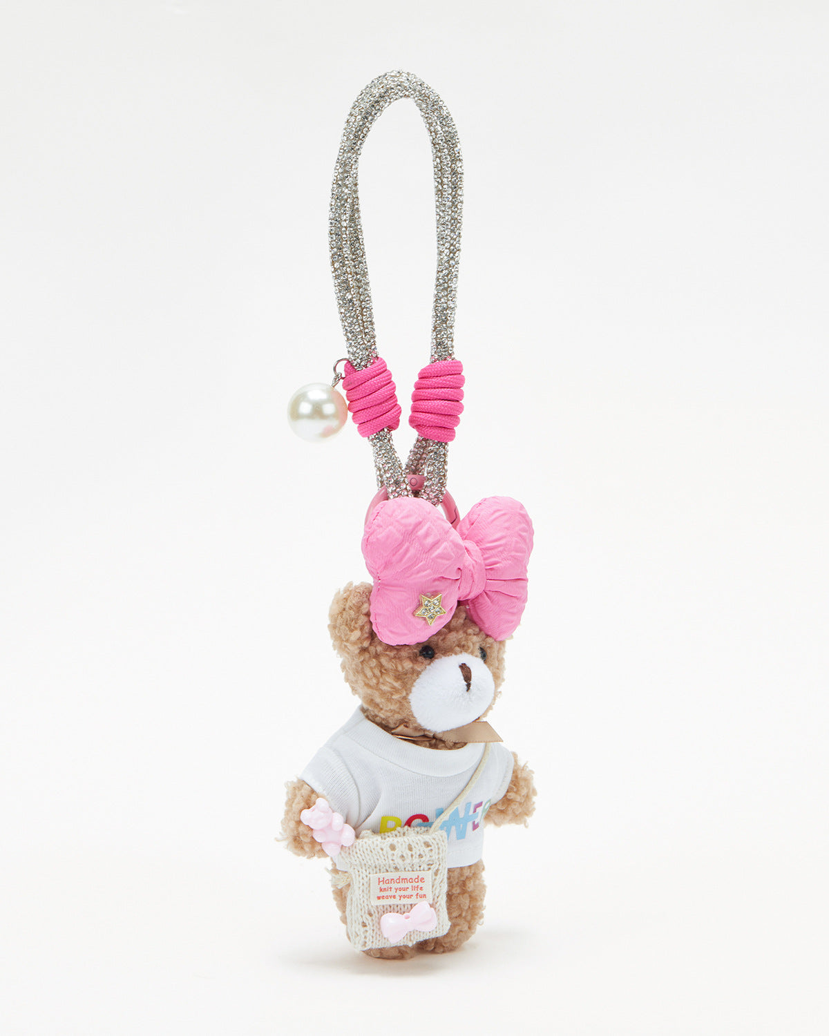 TeddyHuggy®Khaki Bear White Graphic Tank Top & Bow Keychain Charm