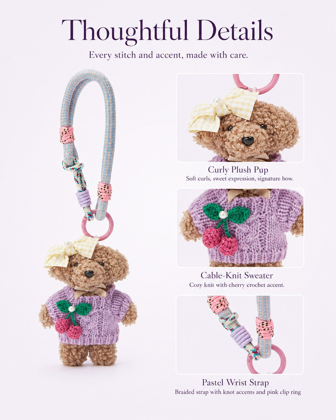 TeddyHuggy® Purple Cherry Knit Pup Charm