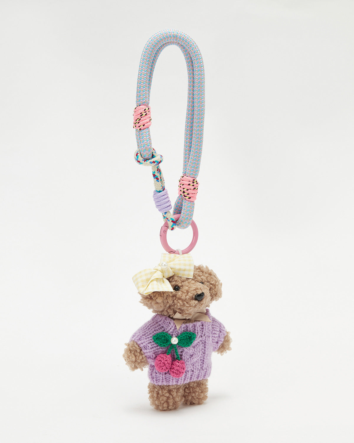 TeddyHuggy®Teddy Dog Purple Cherry Knit Sweater & Plaid Bow Keychain Charm