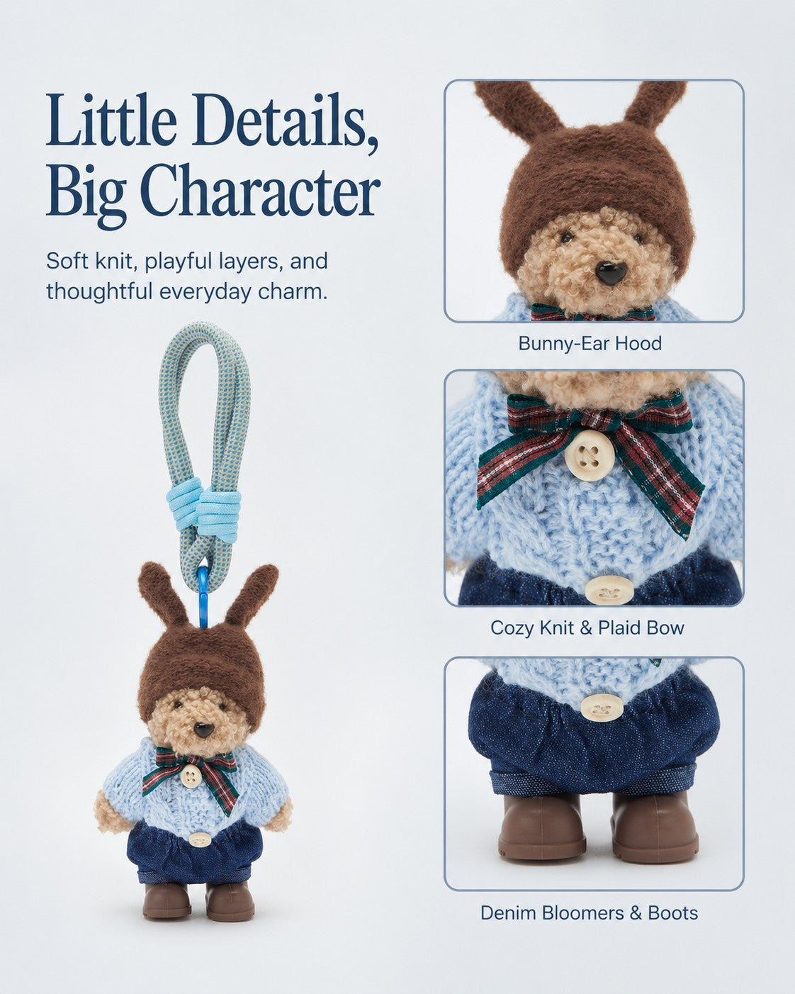 TeddyHuggy® Brown-Hat & Light Blue Knit Bear