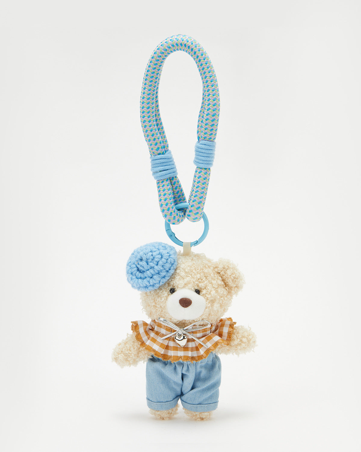 TeddyHuggy®Khaki Bear Brown - white Checkered Ruffled Collar Shorts Keychain Charm