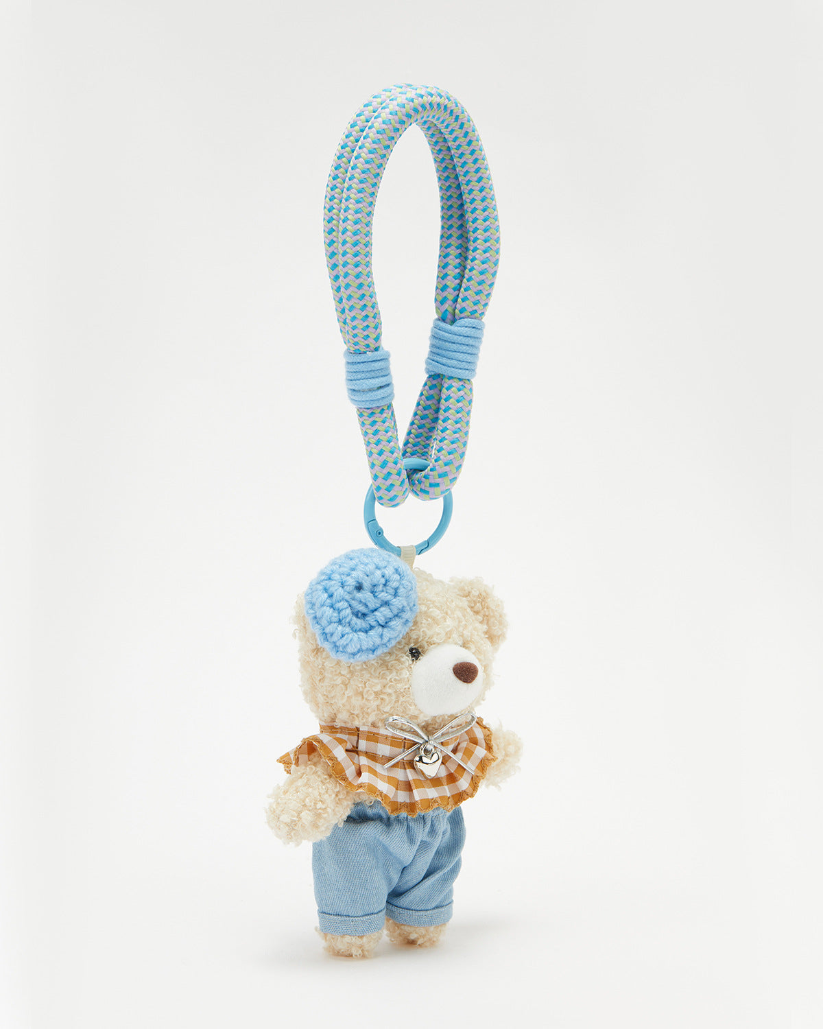 TeddyHuggy®Khaki Bear Brown - white Checkered Ruffled Collar Shorts Keychain Charm