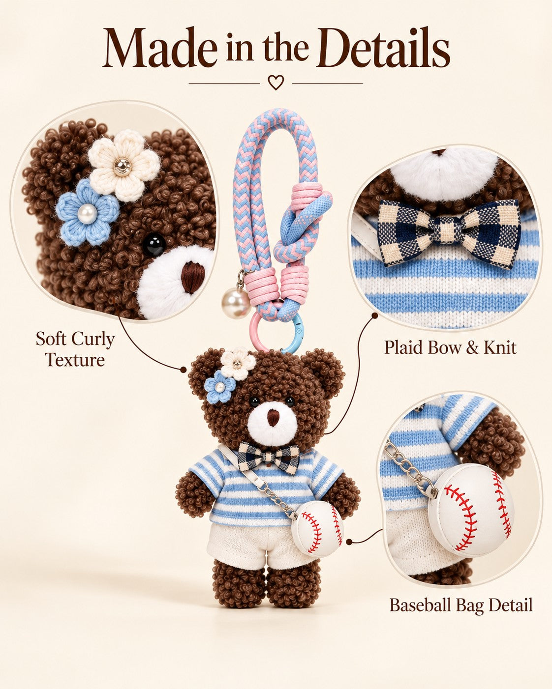 TeddyHuggy® Stripe Baseball Bear Charm