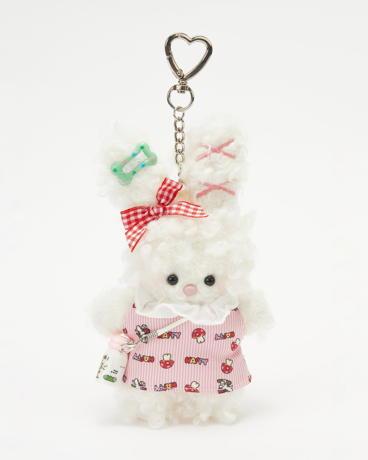 TeddyHuggy®Pink Striped Dress with Plaid Bow and Bunny Keychain Charm