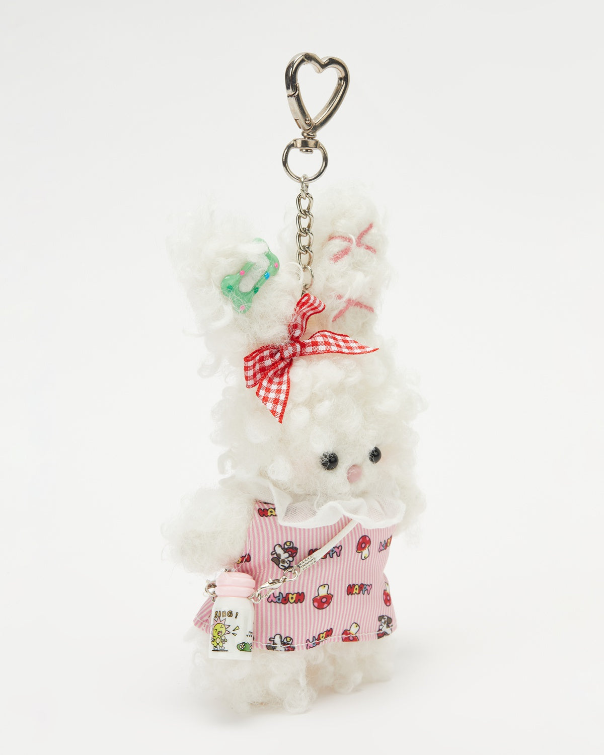 TeddyHuggy®Pink Striped Dress with Plaid Bow and Bunny Keychain Charm