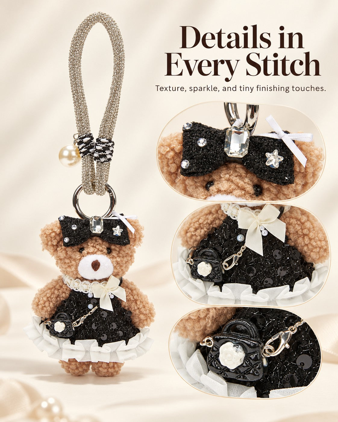TeddyHuggy® Black Lace Dress Bear Charm