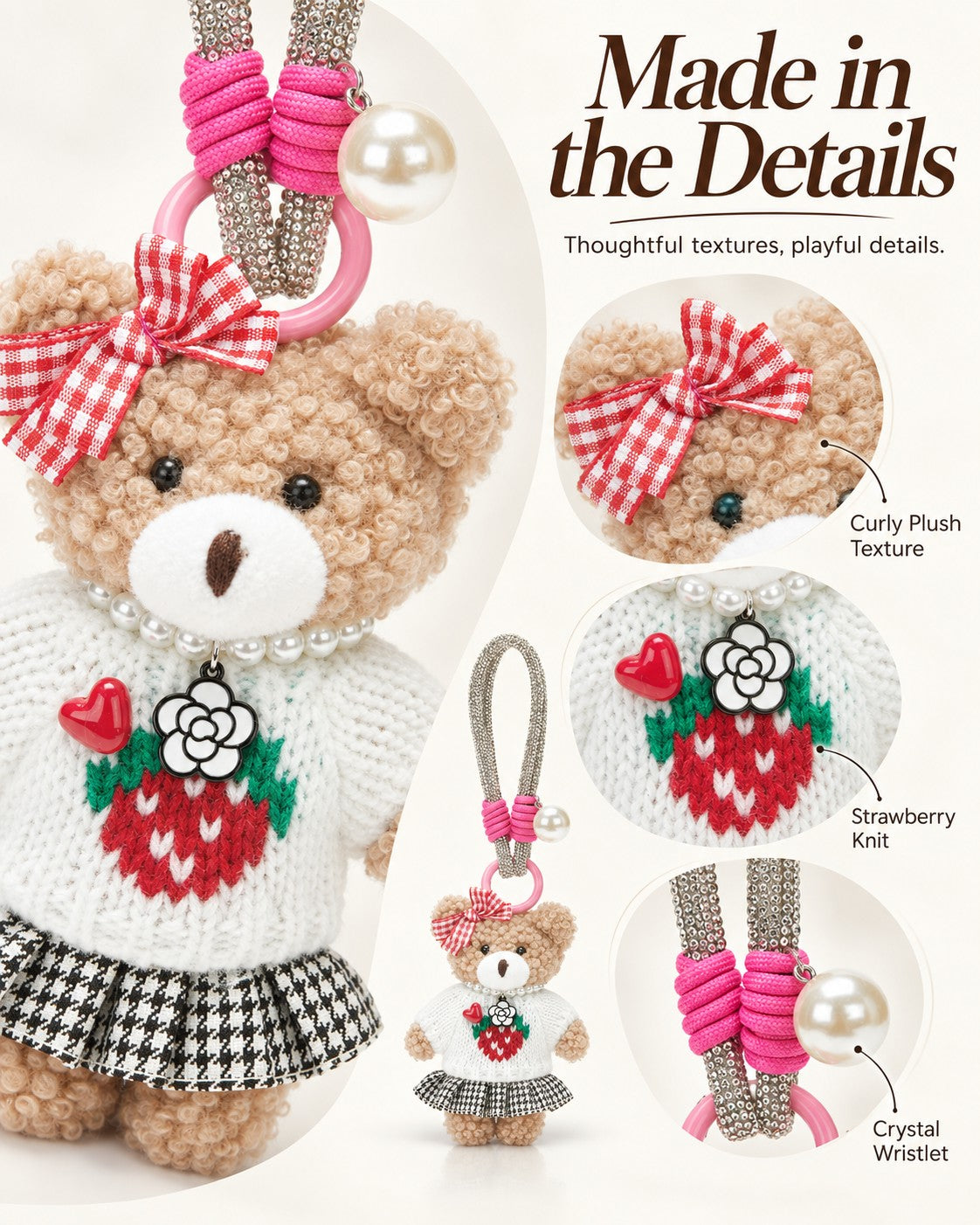 TeddyHuggy® Gray Check Bear Charm