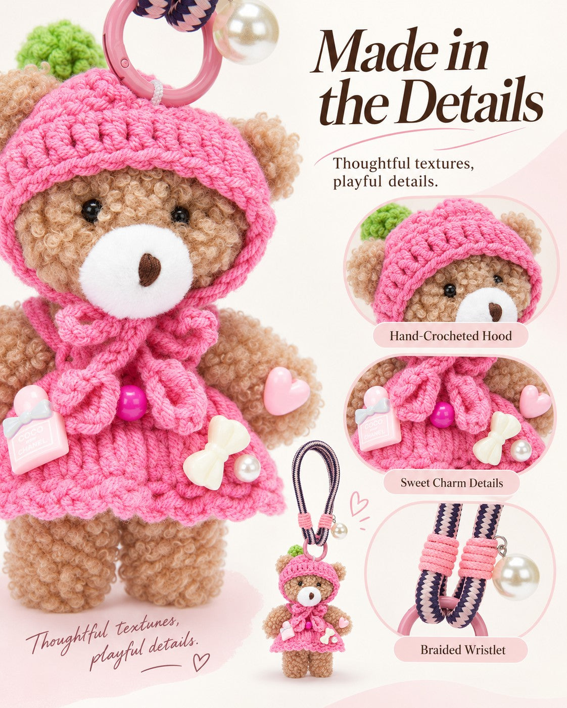 TeddyHuggy® Pink Hooded Bear Charm