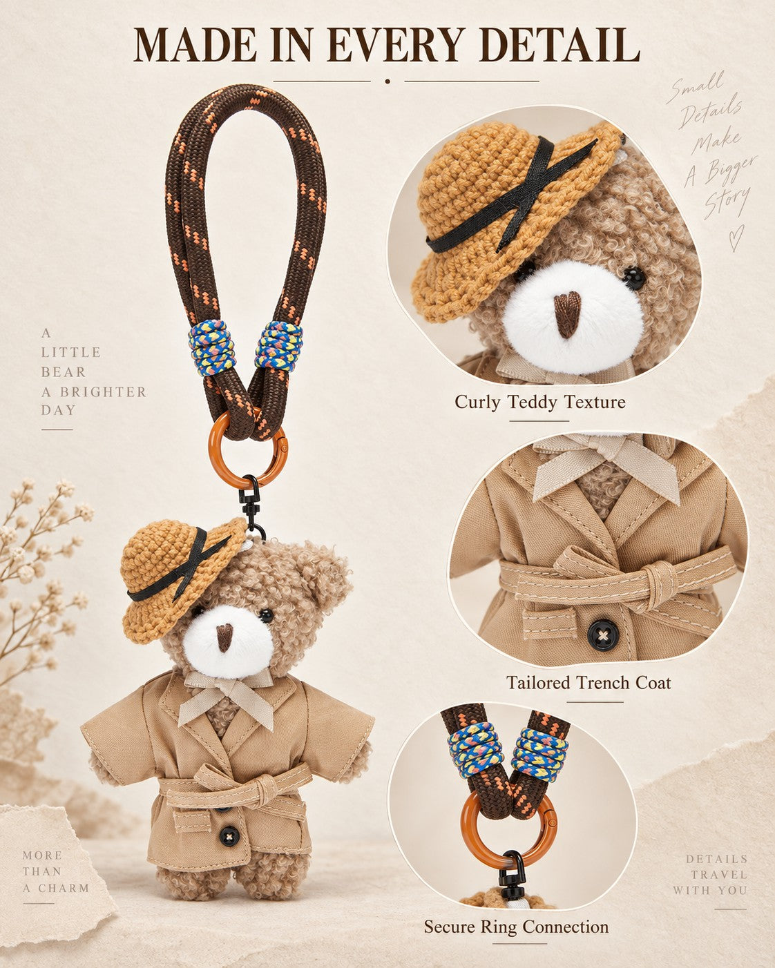 TeddyHuggy® Brown Trench Coat Bear Charm