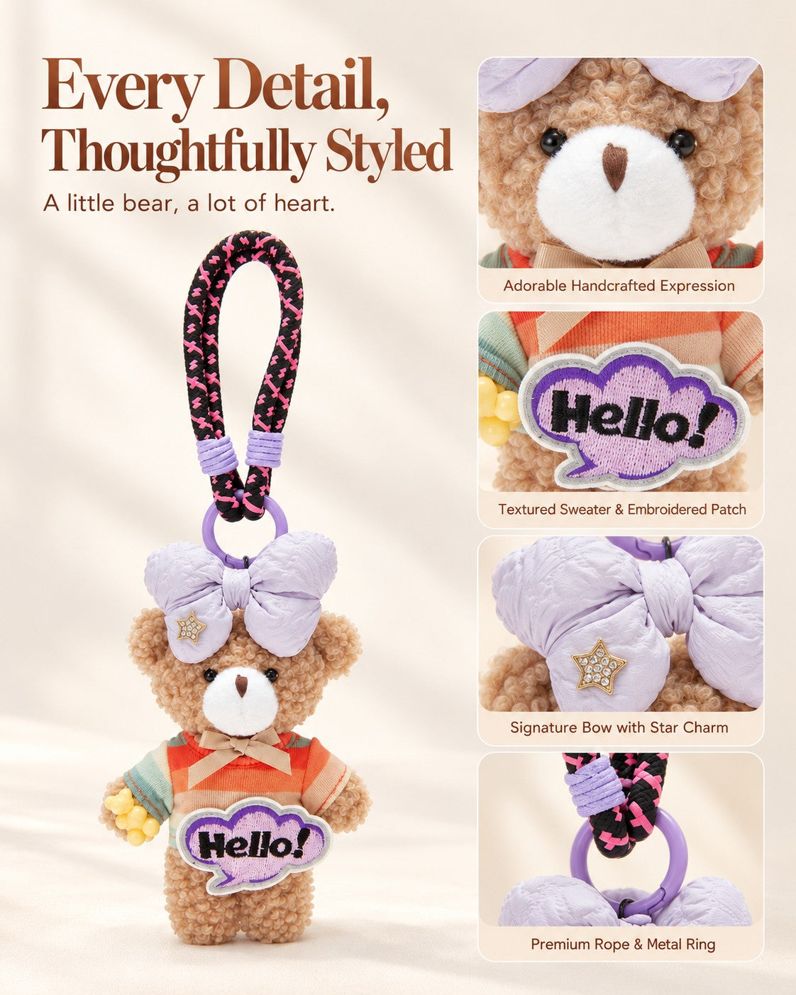 TeddyHuggy® Orange Hello Sweater Bow Bear Charm