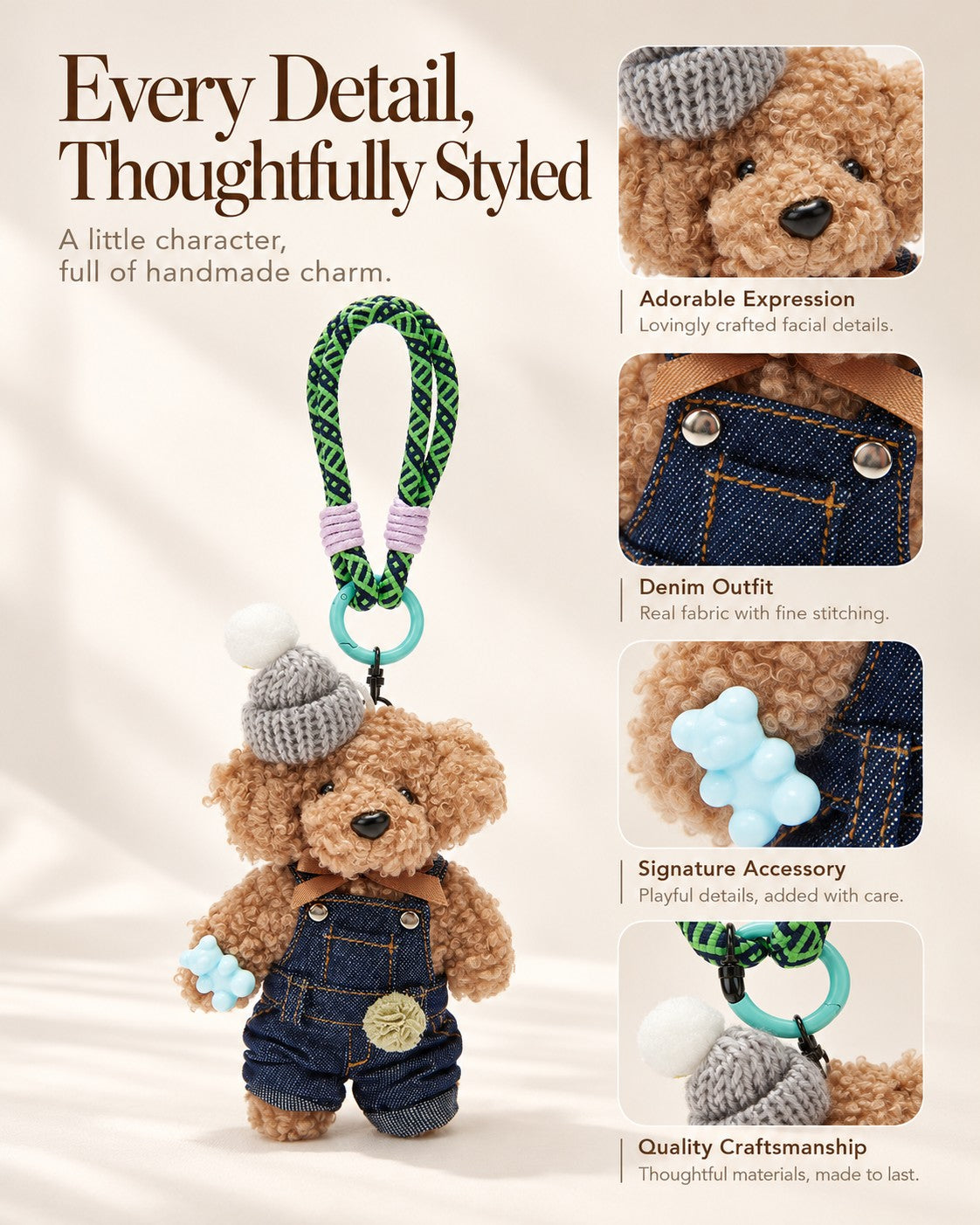 TeddyHuggy® Gray Hat Denim Overalls Pup Charm