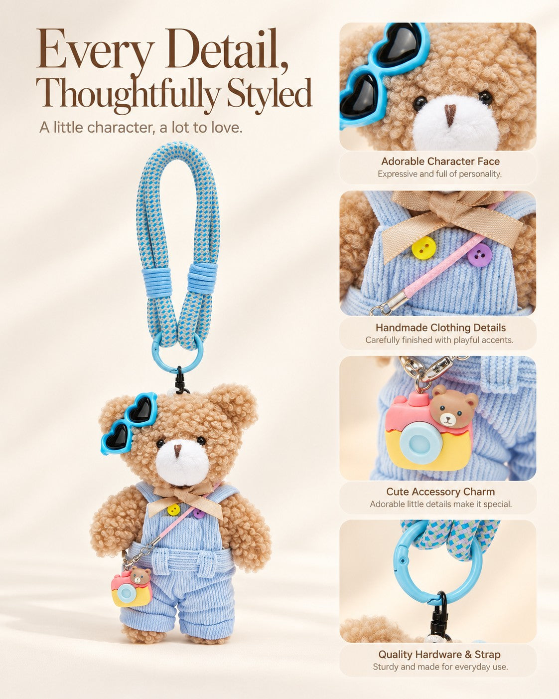 TeddyHuggy® Blue Sunglasses Overalls Bear Charm