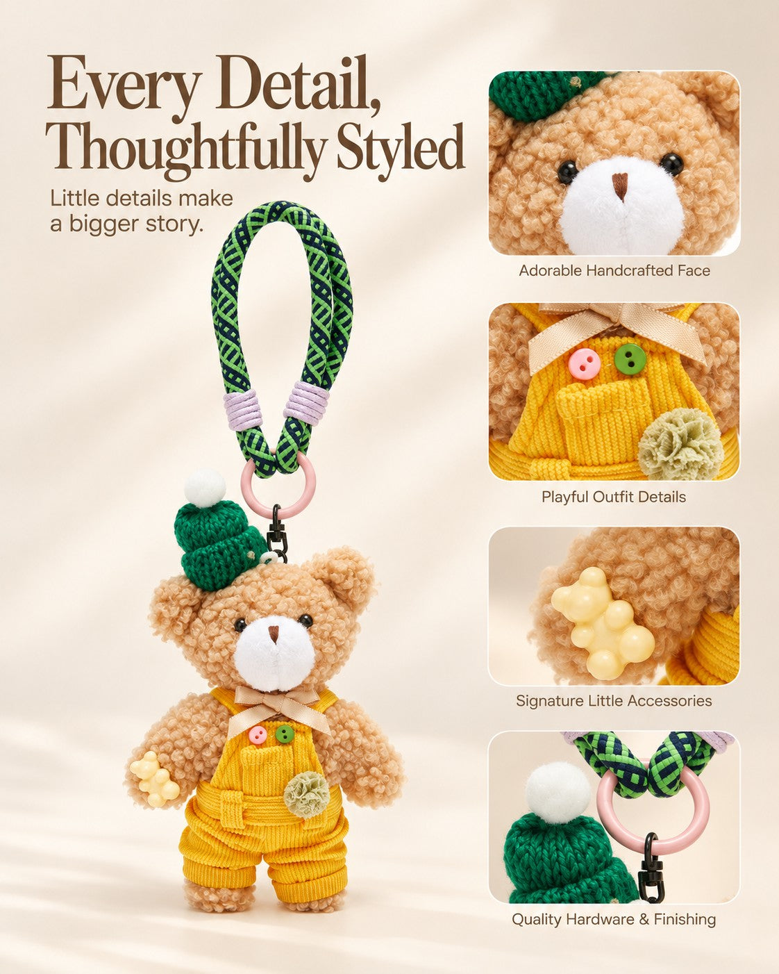 TeddyHuggy® Green Hat Yellow Overalls Bear Charm