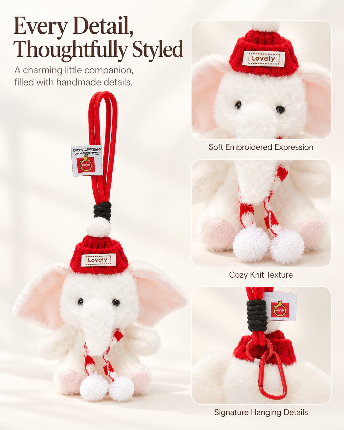 TeddyHuggy® Red Scarf Knit Hat Elephant Charm