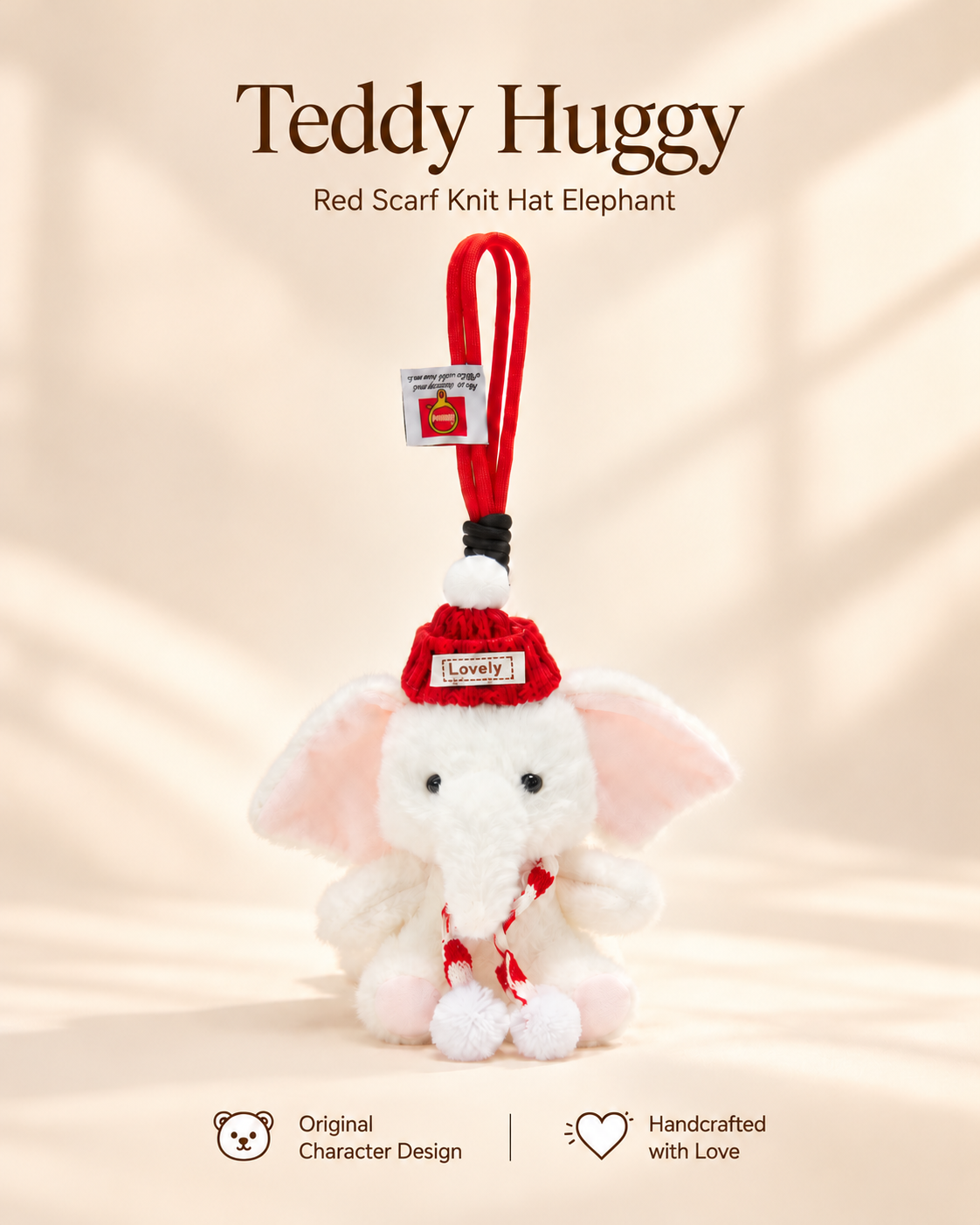 TeddyHuggy® Red Scarf Knit Hat Elephant Charm