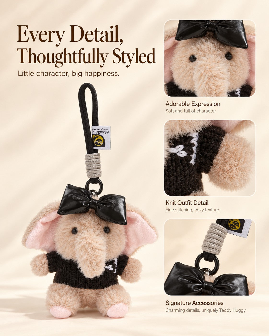 TeddyHuggy® Black Bow Brown Elephant Charm