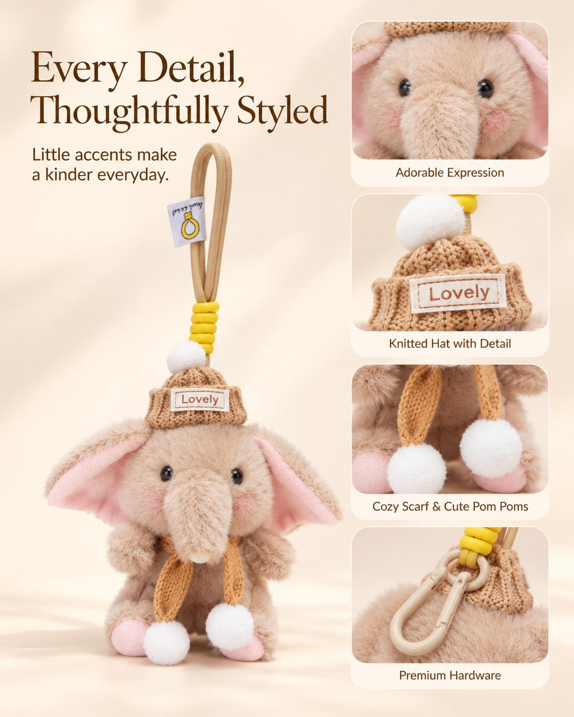 TeddyHuggy® Khaki Scarf Hat Elephant Charm